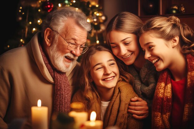 Une famille de pères et de filles discutent au cours du dîner de Noël.