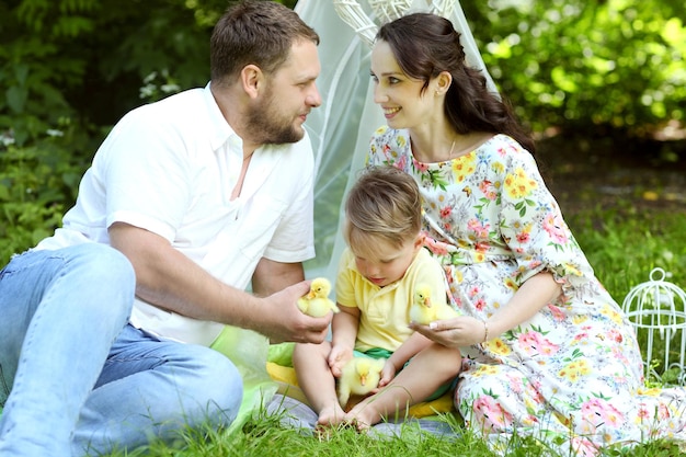 Famille avec petit caneton jaune dans le parc d'été