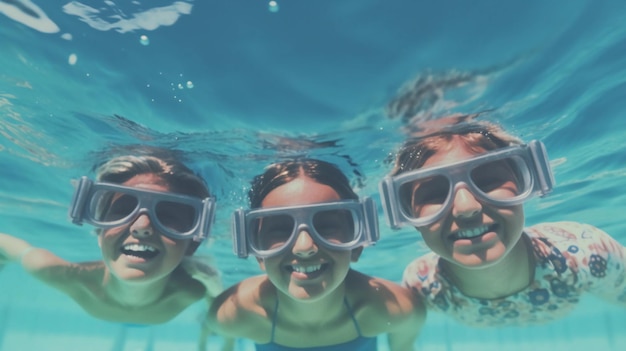 Famille photo avec des lunettes de plongée nageant dans une mer limpide