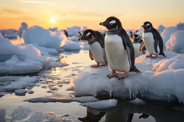 famille de pingouins sur une banquise dans l'eau de l'océan en hiver