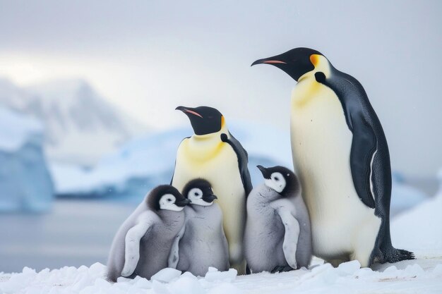 Une famille de pingouins empereurs serrée ensemble dans le froid de l'Antarctique