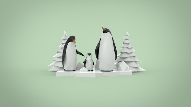 Famille de pingouins low poly avec arbre de noël