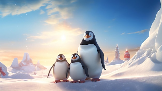 Famille de pingouins polaires avec soleil AI générative