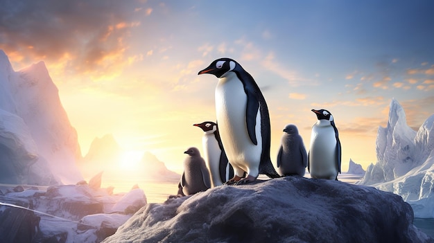 Famille de pingouins polaires avec soleil AI générative