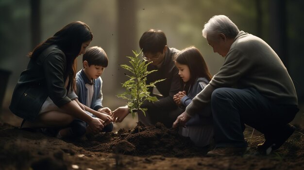 Une famille plantant des arbres dans les bois Generative AI