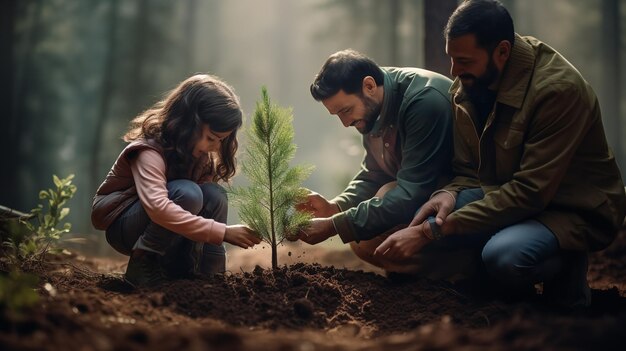 Une famille plantant des arbres dans les bois Generative AI