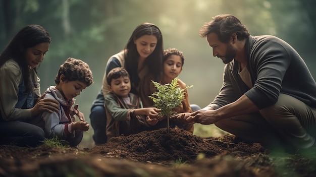 Une famille plantant des arbres dans les bois Generative AI