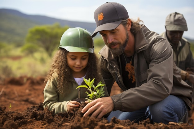 La famille plante des arbres pour l'aménagement paysager durable du jardin