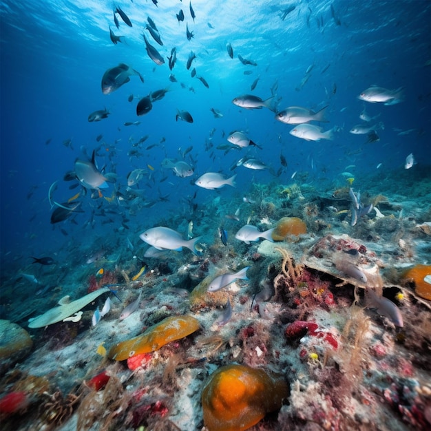 Famille de poissons de paysages sous-marins au milieu d'un récif de corail vibrant