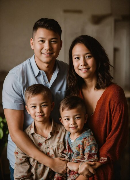 une famille pose pour une photo avec deux enfants