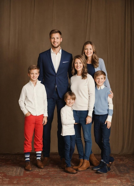 une famille pose pour une photo devant un rideau