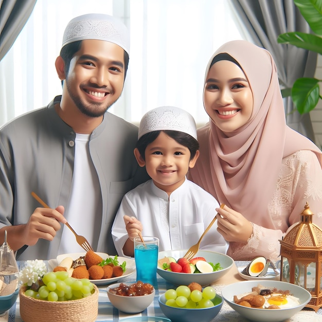 une famille pose pour une photo avec un enfant et une assiette de nourriture