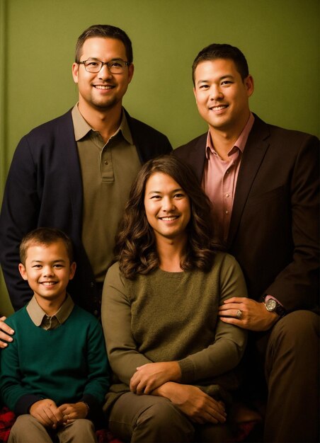 une famille pose pour une photo avec un garçon et le mot " celui en vert "