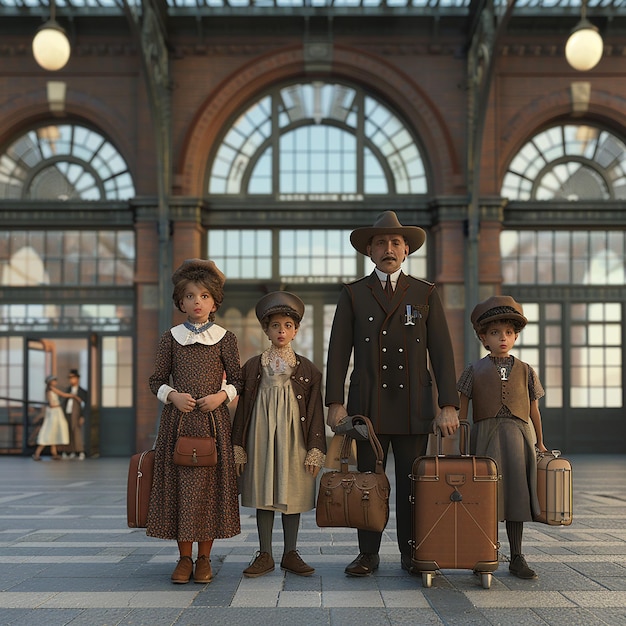 une famille pose pour une photo avec leurs bagages