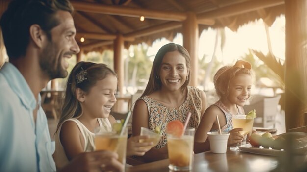 Famille prenant une boisson froide dans un café en plein air près de la plage en été