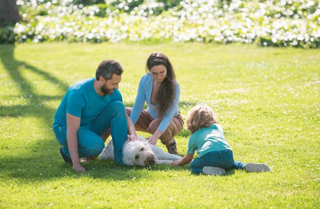 Famille prenant un chien pour se promener à la campagne Portrait extérieur d'une famille heureuse dans un parc d'été Un jeune couple avec un garçon sur l'herbe