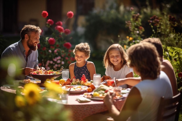 Famille prenant un repas dans le jardin