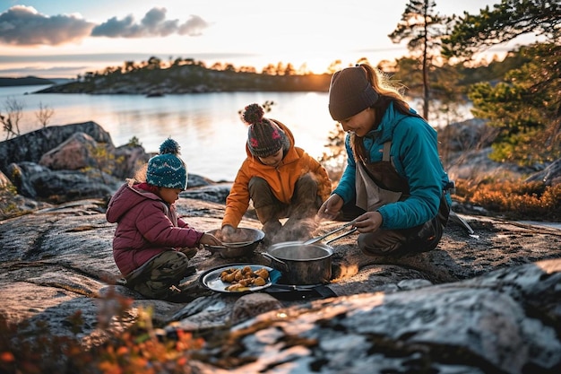 Famille préparant le dîner en camping