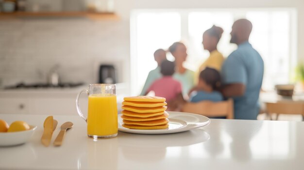 Une famille préparant le petit déjeuner dans l'absolu une photo focalisée sur la table