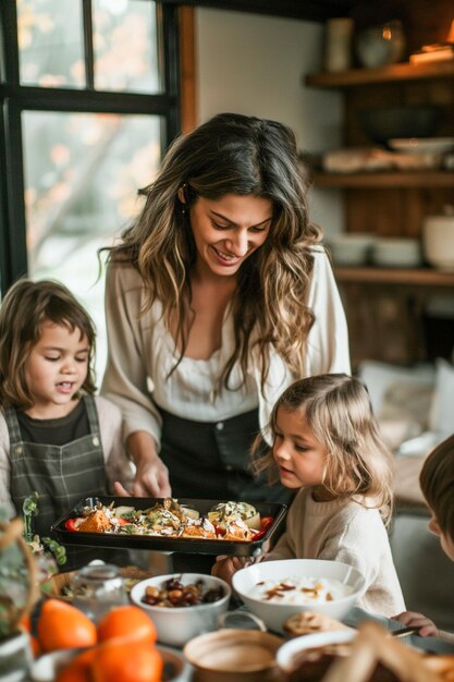 La famille prépare le petit déjeuner pour papa