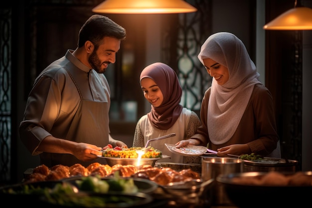 Photo une famille prépare un repas iftar dans sa cuisine