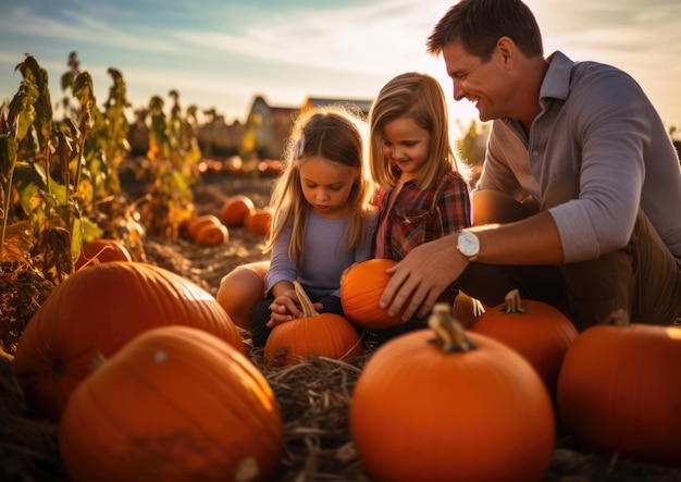 Une famille profitant d'une activité de sculpture de citrouilles dans un champ de citrouilles