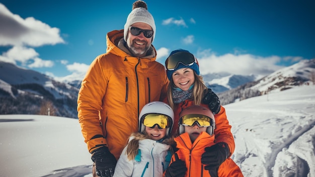 Photo famille profitant de l'hiver dans une station de ski