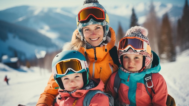 Photo famille profitant de l'hiver dans une station de ski