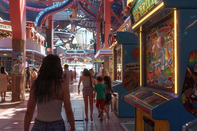 Une famille profitant d'une journée à l'arcade d'attractions