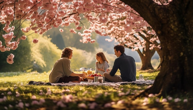 une famille profitant d'un pique-nique sous des arbres en fleurs