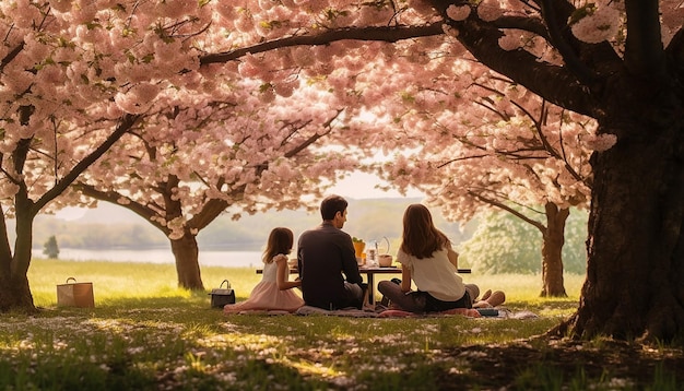 une famille profitant d'un pique-nique sous des arbres en fleurs