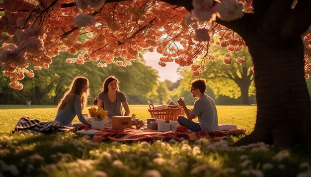 une famille profitant d'un pique-nique sous des arbres en fleurs