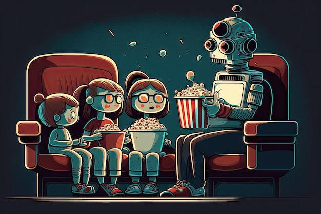 Famille profitant d'une soirée cinéma avec un robot mignon servant du pop-corn et des boissons créées avec une IA générative