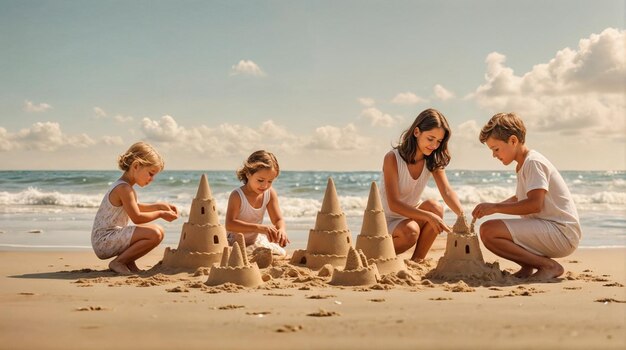 Une famille de quatre personnes construit des châteaux de sable sur la plage.