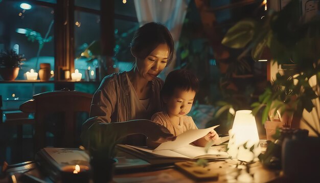 Une famille de quatre personnes est assise ensemble et lit un livre.