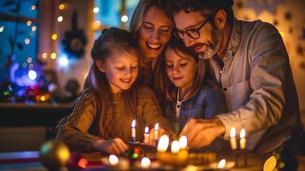 Une famille de quatre personnes est rassemblée autour d'une table allumant des bougies les parents sourient et les enfants regardent les bougies avec étonnement