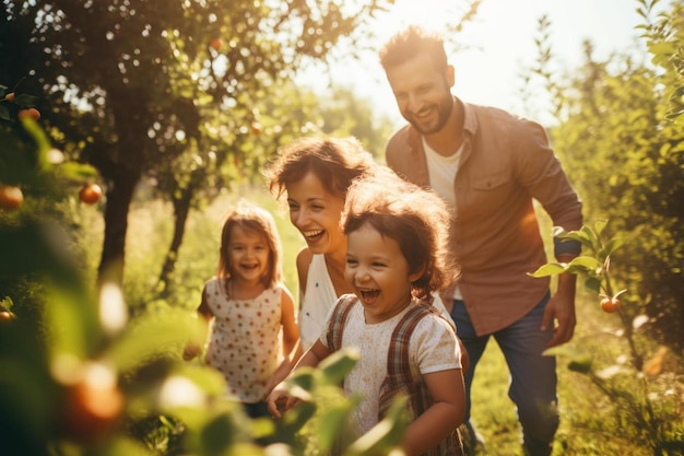 Une famille de quatre personnes joue dans le jardin.