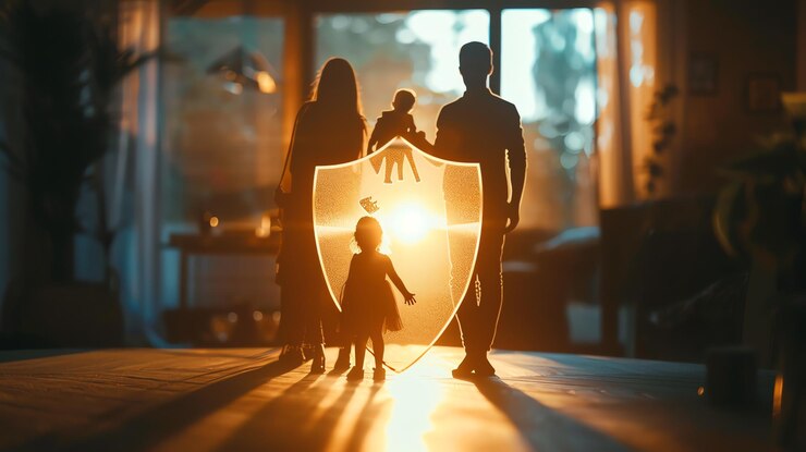 Photo une famille de quatre personnes se tient devant un bouclier éclairé par le coucher du soleil.