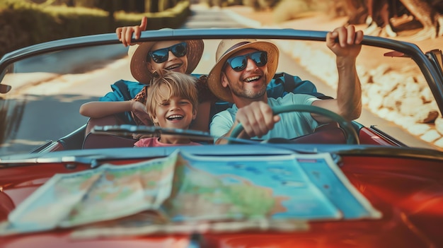 Une famille qui profite d'un voyage en voiture. Ils portent tous des lunettes de soleil et sourient.