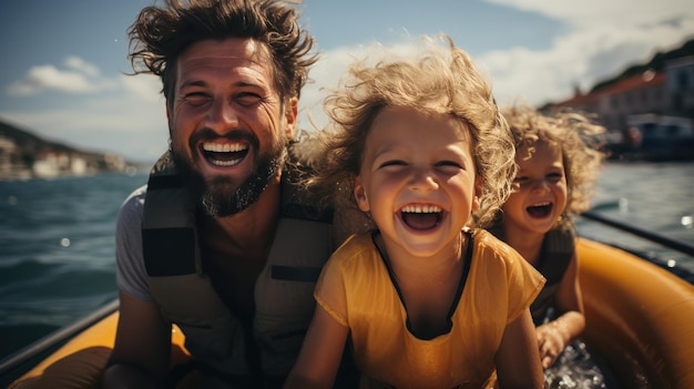 Famille qui rit s'amusant en montant sur un bateau banane