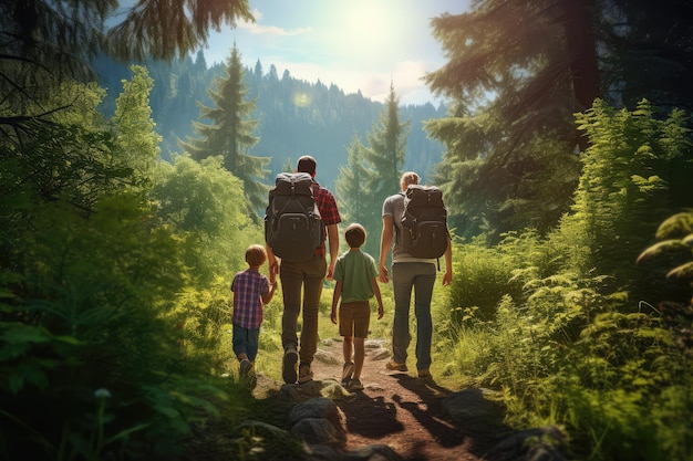Une famille en randonnée dans une forêt, vue de derrière.