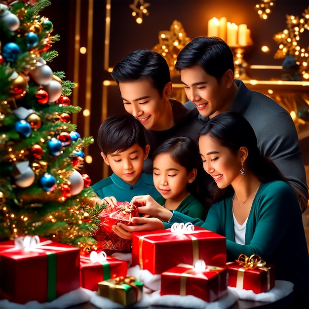 Une famille rassemblée autour de l'arbre de Noël ouvre des cadeaux