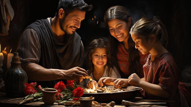 Une famille rassemblée autour d'une table apprécie le papier peint