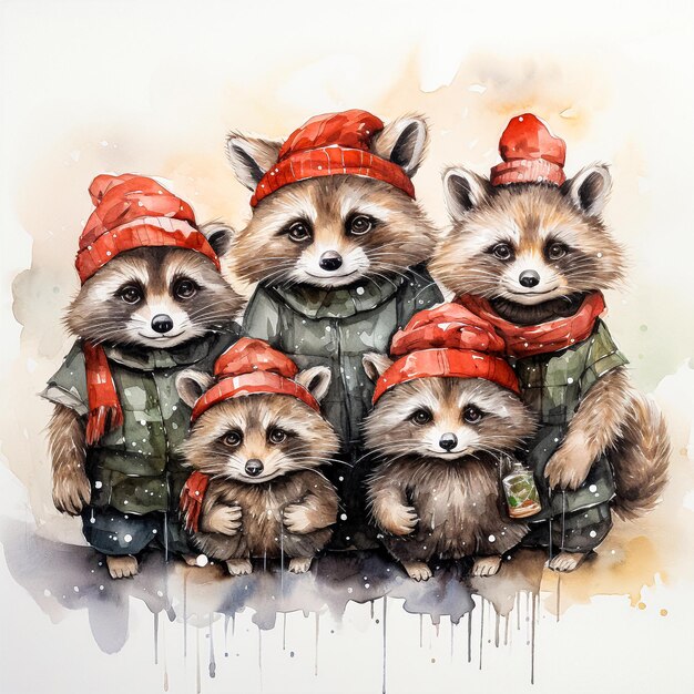 Famille de ratons laveurs dans des chapeaux d'hiver aquarelle