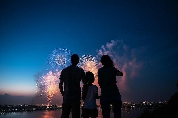 Une famille regardant des feux d'artifice au bord de l'eau