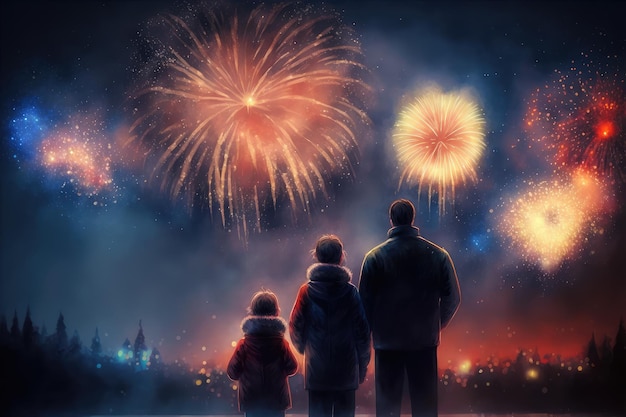 Famille regardant des feux d'artifice et célébrant la bonne année