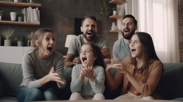 Une famille regardant la télé et riant ensemble