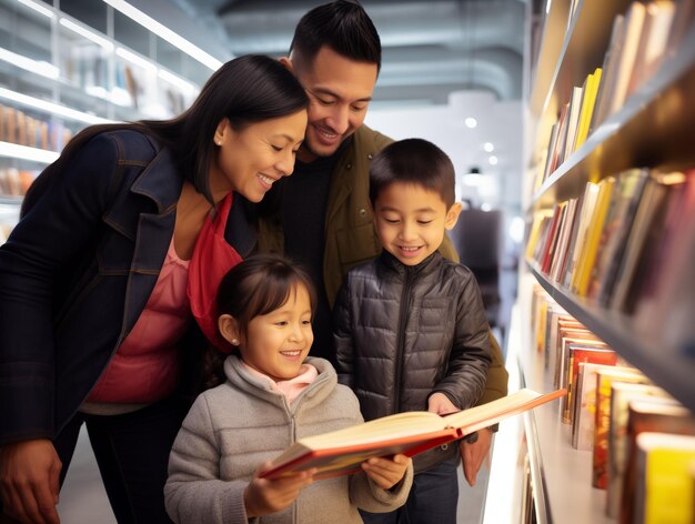 Une famille regarde des livres dans une bibliothèque