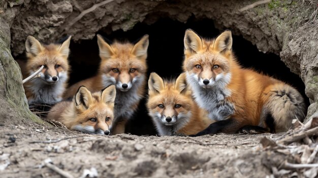 Photo une famille de renards regardant de l'entrée d'une tanière