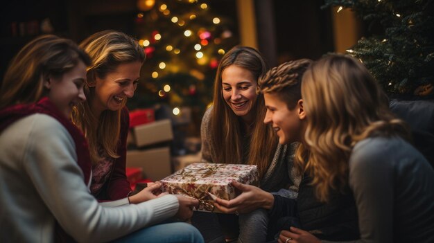 Famille réunie autour d'une cheminée ouvrant des cadeaux